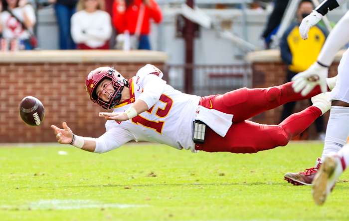 Nov 20, 2021; Norman, Oklahoma, USA; Iowa State Cyclones quarterback Brock Purdy (15) throws the ball during the second half against the Oklahoma Sooners at Gaylord Family-Oklahoma Memorial Stadium. Mandatory Credit: Kevin Jairaj-USA TODAY Sports